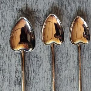 3 Vintage Italian Heart Shaped Stir Stick Spoon Straw, Silver Plated, MARKED